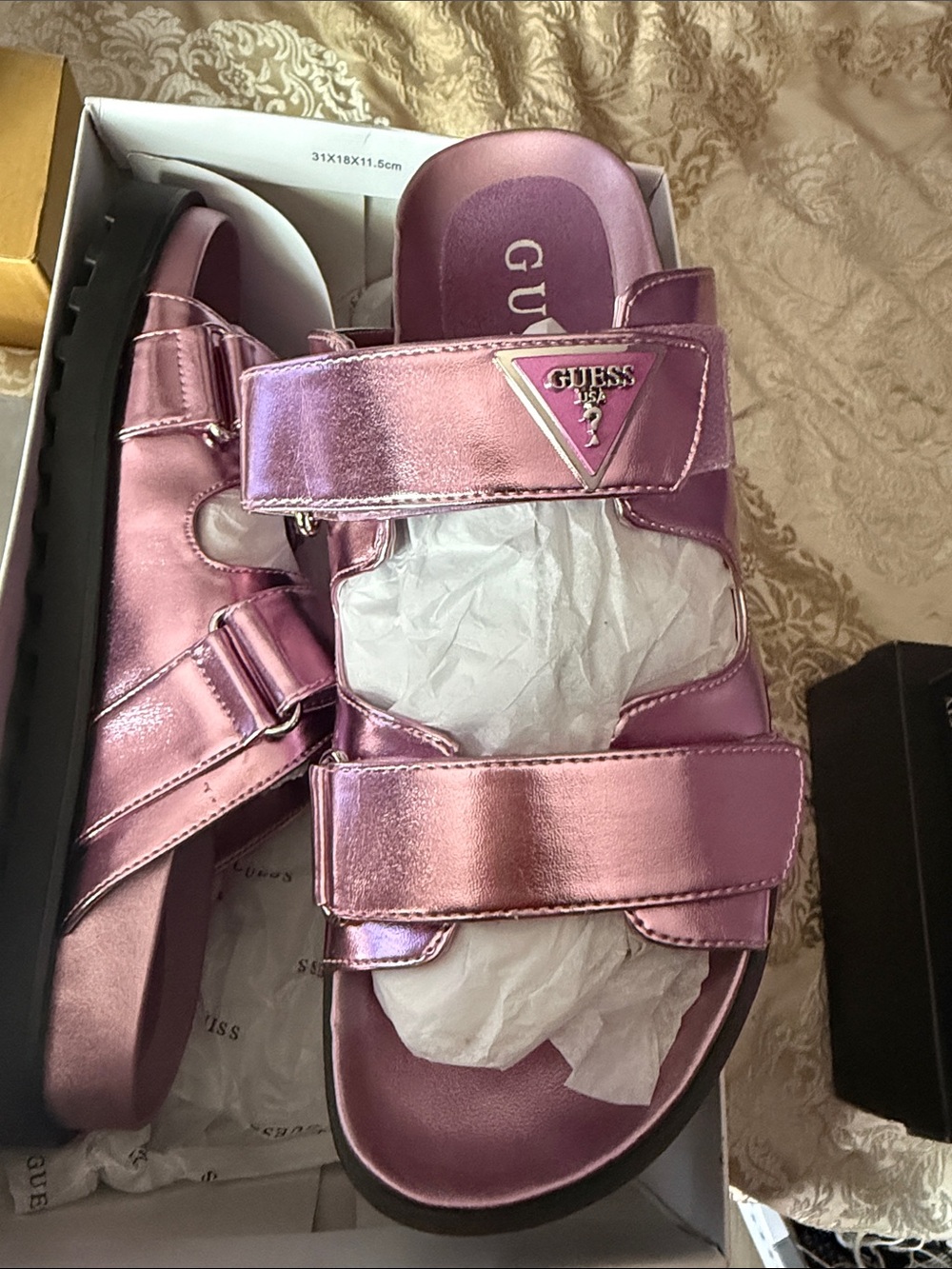 GUESS Metallic Rose Pink Double-Strap Slide Sandals